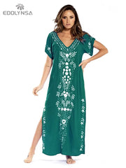 Embroidery Beach Cover Up Saida de Praia Swimsuit Women Bikini Cover Up Tunics for Beach Pareo Sarong Beachwear #Q790