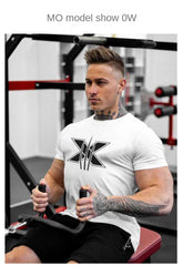 Men's Gym Fitness Clothing Man Cotton Sports Short Sleeve T-shirt Running Training Slim Printed Shirt Sweatshirt Casual Tops