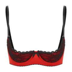 Womens Sexy Contrast Lingerie Half Cup Lace Push Up Balconette Bra Tops Adjustable Spaghetti Straps Underwire Bralette Underwear