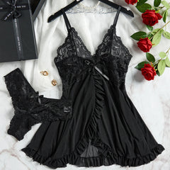 Transparent Red Lace See Through Nightdress Women's Sexy Lingerie Underwear Sleepwear Panty Pijamas Sets Nighty
