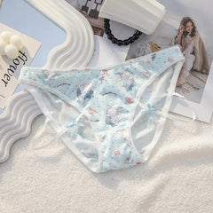 Cute Cat Print Cartoon Underwear for Women Low Waist Lace Bow Breathable Student Panties Cotton Crotch Seamless Briefs Lingerie