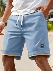 Men's Casual Summer Shorts with Pockets - Black, Elastic Waistband, Drawstring, Polyester, Two-Layer Design, Lightweight & Breat