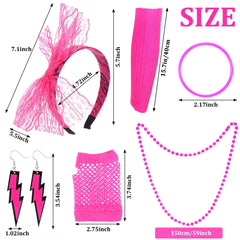 80s Fancy Dress Accessories WomenTutu Skirt Neon Fishnet Gloves Beaded Necklace Bracelet Earrings Adult 80s Party Costume Set