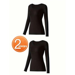 2 Pcs Women's Seamless Ultra-Thin Thermal Underwear - Soft & Comfy Long Sleeve Round Neck Top Perfect For Lingerie & Sleepwear