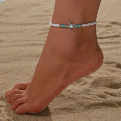 Cute Sea Turtle Rainbow Beaded Anklets For Women Elastic Rope Chains Adjustable Ankle Bracelet Beach Jewelry Summer Accessories