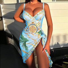 Underwire Women Sexy Swimsuit 2 Piece Swimwear Slim Monokini Chains Print Push Up Bikini Black Blue Green Beachwear Light luxury
