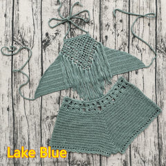 Hand Crochet Beach Bikini Set Women Short Swimwear Sexy Tassel