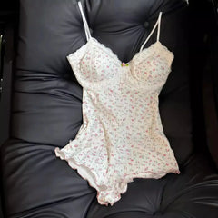 Women Sexy Floral Print Bodysuit Lace Trim Sleeveless Slim Fit Leotard Summer Jumpsuit Romper Sexy Underwear Nightwear Lingerie
