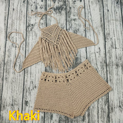 Hand Crochet Beach Bikini Set Women Short Swimwear Sexy Tassel
