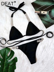DEAT Sexy Lace-up Swimsuit Women's Solid Color Cross Hollow Out Design Bikini Two-piece Set Beach Party 2025 Summer New 11XX0987