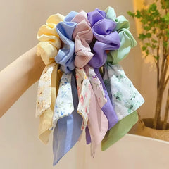 Fairy Women Hair Accessories Bows Scrunchies Ties Flower Floral Print Ribbon Elastic Hair Bands Ponytail Holder Girls Headdress