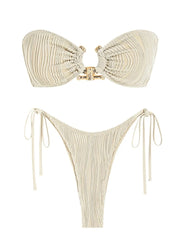 ZAFUL Tie Side Bandeau Tanga Bikini Set Two Piece Swimwear Solid Color Swimsuit With Strapless Padded Bikini Top Lace Up Back