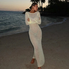 Sexy Beach Vacation Dress See Through Backless Knitted Cover Up Dress Female Two Wears Fashion Slim Knit Long Dress Lady
