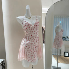Sexy Underwear Rose Print Sleepwear Chemise Night Dress Women Nightgowns Lace Ruffle Trim Underwear Pajama Home Dressing Gown