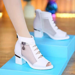 Summer High Heels Women Fashion Mesh Solid Colour Sandals Fish Mouth Chunky Heel Shoes Back Zip Short Boots Sandalia Mujer