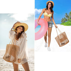 Women's Foldable Beach Tote Bag with Mesh Handheld Single Shoulder Bag for Summer Outdoor Travel Shopping Bag