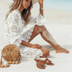 Crochet White Knitted Plunging V-neck Scallop Trim Lace Dress Women Beach Cover Up Tunic Pareos Bikinis Cover Ups Robe Beachwear