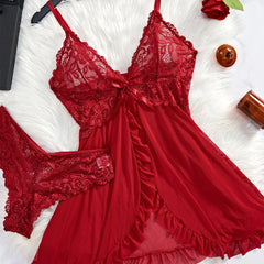 Transparent Red Lace See Through Nightdress Women's Sexy Lingerie Underwear Sleepwear Panty Pijamas Sets Nighty
