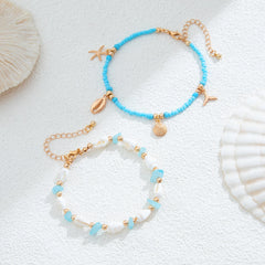 Salircon 2pcs/set Bohemian Starfish Conch Rice Beads Anklet Chain Women 2024 Trending Beach Anklets Lady Jewelry Accessories