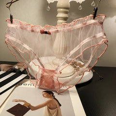 Women Sexy Transparent Panties Pink Bow Cotton Crotch Briefs Female Mesh Breathable Underwear Wave Edged Hollow Out Underpants