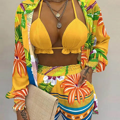 Cacocala 2023 New High Waist Bikini Set Print Women Swimsuit Three Pieces Swimwear Sexy Beachwear Bathing Female Suit Shorts