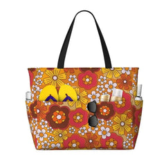 Hippie Flowers Large Beach Tote Bag Women Waterproof Sandproof Zipper Beach Tote Bags for Pool Gym Grocery Travel