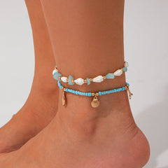 Salircon 2pcs/set Bohemian Starfish Conch Rice Beads Anklet Chain Women 2024 Trending Beach Anklets Lady Jewelry Accessories