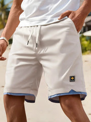 Men's Casual Summer Shorts with Pockets - Black, Elastic Waistband, Drawstring, Polyester, Two-Layer Design, Lightweight & Breat
