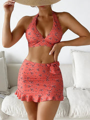 Sexy V Neck Bikini+Ruffle Skirt Cover-Up Beachwear High Waist Women's 3 Pieces Swimsuit Halter Bandage Tankini Backless Swimwear
