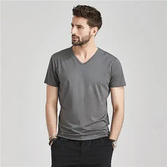 Summer Fashion Luxury Brand T-Shirts for Men with V-Neck Short Sleeves and Ice Silk Modal Fabric Gym Golf Clothing Men Tops
