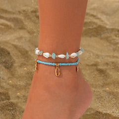 Salircon 2pcs/set Bohemian Starfish Conch Rice Beads Anklet Chain Women 2024 Trending Beach Anklets Lady Jewelry Accessories