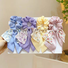 Fairy Women Hair Accessories Bows Scrunchies Ties Flower Floral Print Ribbon Elastic Hair Bands Ponytail Holder Girls Headdress