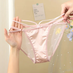 Women Satin Smooth Sexy Lace Transparent Seamless Elasticity Underwear Cute Lovely Sweety Breathable Panties Cross Straps Breifs