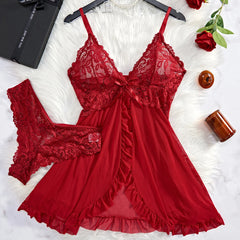 Transparent Red Lace See Through Nightdress Women's Sexy Lingerie Underwear Sleepwear Panty Pijamas Sets Nighty