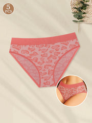 Set of 5 Women'S Low-Rise Seamless Underwear with Leopard Print, Featuring High Elasticity And Breathable Material.