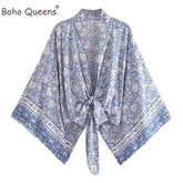 Boho Queens Porcelain Floral Beach Kimono Short Robe Women Fashion Batwing Sleeves Rayon Bohemian Bikini Cover Ups Beachwear