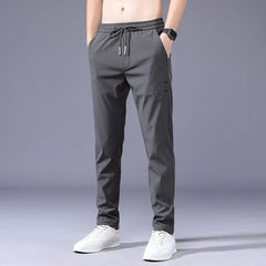 Summer Men's Casual Pants Thin Soft Elasticity Lace-up Waist Solid Color Pocket Applique Korea Grey Black Work Trousers Male