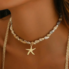 Bohemian Beach Shell Conch Beaded Necklace for Women Summer Ocean Style Seashell Starfish Pendant Choker Vacation Party Jewelry