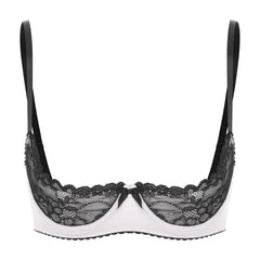 Womens Sexy Contrast Lingerie Half Cup Lace Push Up Balconette Bra Tops Adjustable Spaghetti Straps Underwire Bralette Underwear