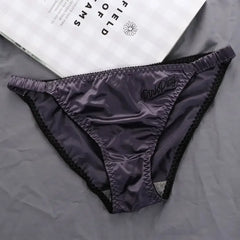 Sexy Girl Thongs Women Glossy Underwear Panty Low Waist Solid Color Satin Fabric Briefs Embroidery Fitness Sports Underpants