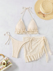 Sexy Coffee Bikini 2025 Women Ruffles Push Up Bra Triangle Swimsuit Summer Bathing Suit Mesh Skirt 3 Piece Swimwear Biquini