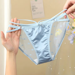 Women Satin Smooth Sexy Lace Transparent Seamless Elasticity Underwear Cute Lovely Sweety Breathable Panties Cross Straps Breifs