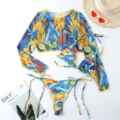 Women Leopard Swimwear 3 Piece Bikini Set 2023 New Long Sleeve Swimsuit String Bathing Suit