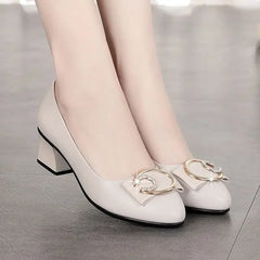 Soft Leather Office Work Shoes Women's Four-season Versatile Medium Heel Shoes Thick Heel Shallow Professional Leather Shoes