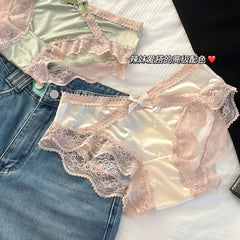 French Sexy Lace Satin Underwear for Women Low Waist Thin Mesh Hollow Out Bow Panties Sweet Girl Breathable Cotton Crotch Briefs