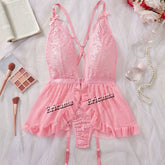 Thin Style Sexy Lingerie Set Contrast Lace Ruffle Trim Lingerie Set Deep V Slip Dress Women's Sexy Lingerie Lencería Mujeres