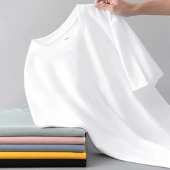 Spring Summer New Polyester Simple Casual Short Sleeve T-shirts For Men Clothing Solid Color Loose Streetwear