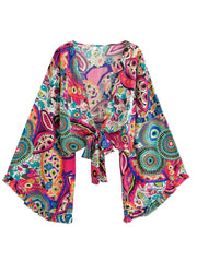 Boho Vintage Floral Print Beach Summer Short Kimono Women 2025 Fashion Ruffles Flare Sleeves Vacation Bohemian Bikini Cover-ups