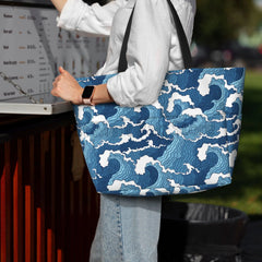 Sea Wave Beach Tote Bags for Women Waterproof Sandproof Large Pool Bag Stylish Zipper Beach Tote for Gym Travel Shopping School