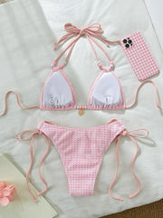 Sexy Pink Plaid Bikinis Sets Women Bead String Strap Push Up Drawstring Side Thong Swimsuit 2025 Beach Bathing Suit Swimwear